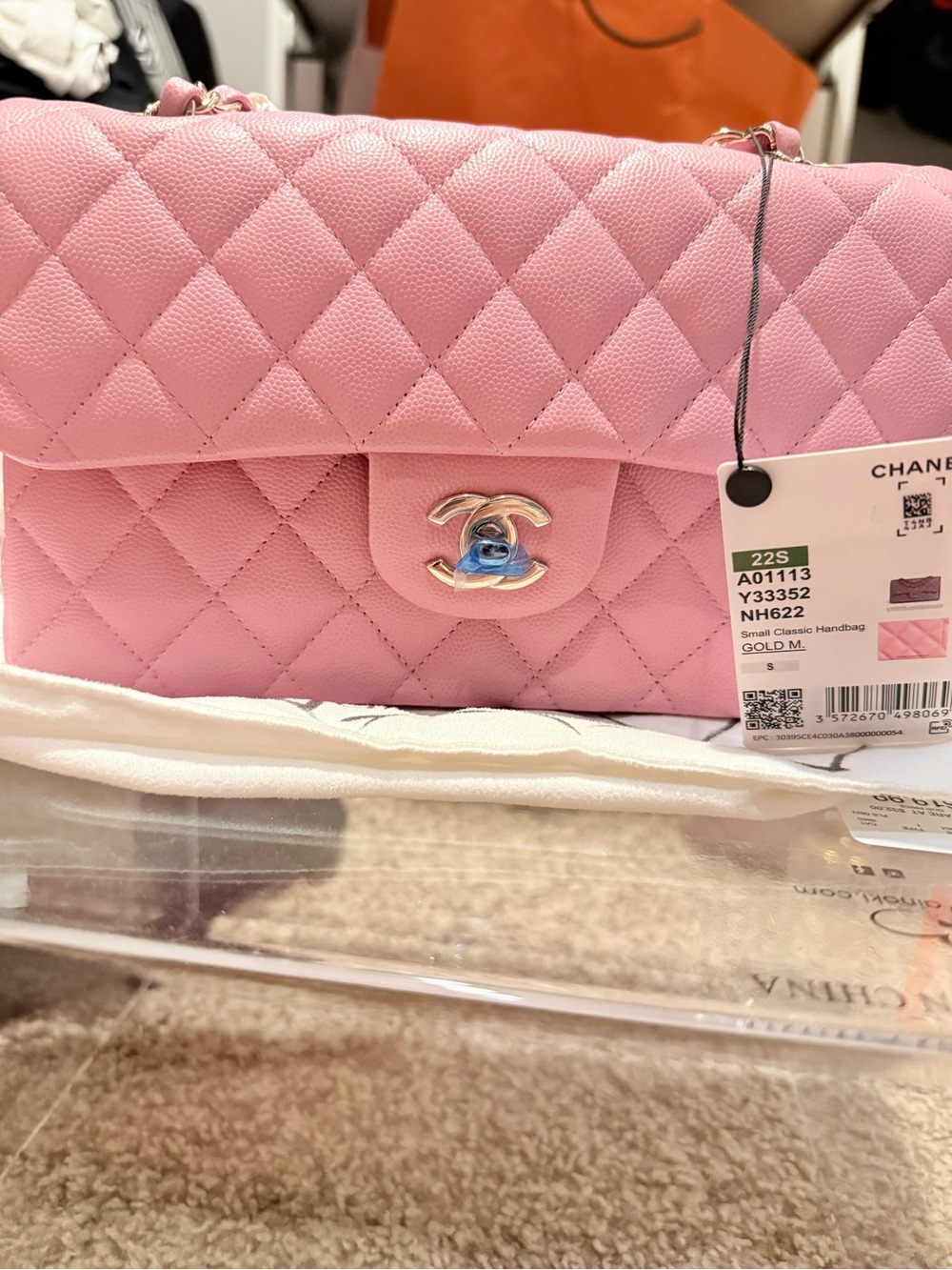 CHANEL Pink Quilted Classic Flap Shoulder Bag with Gold-Tone CC